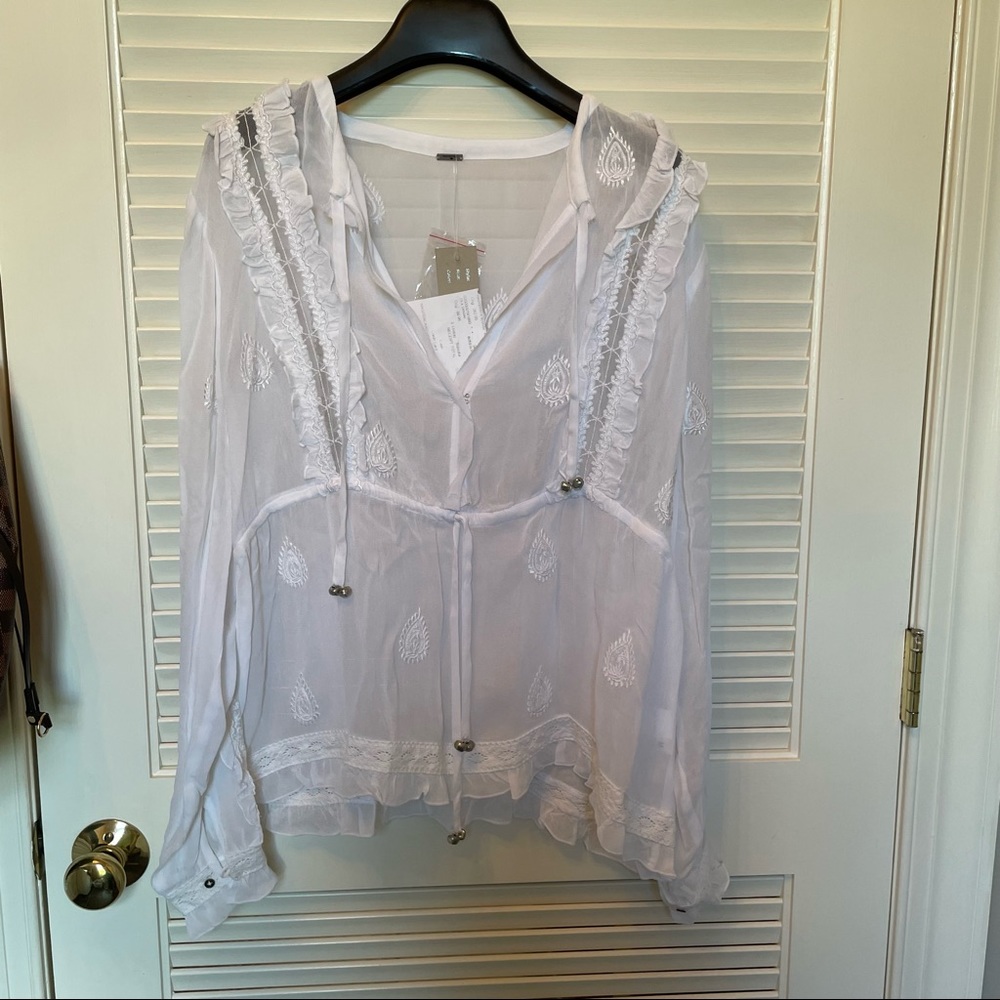 Chan Luu White Embroidered Sheer Hooded Blouse